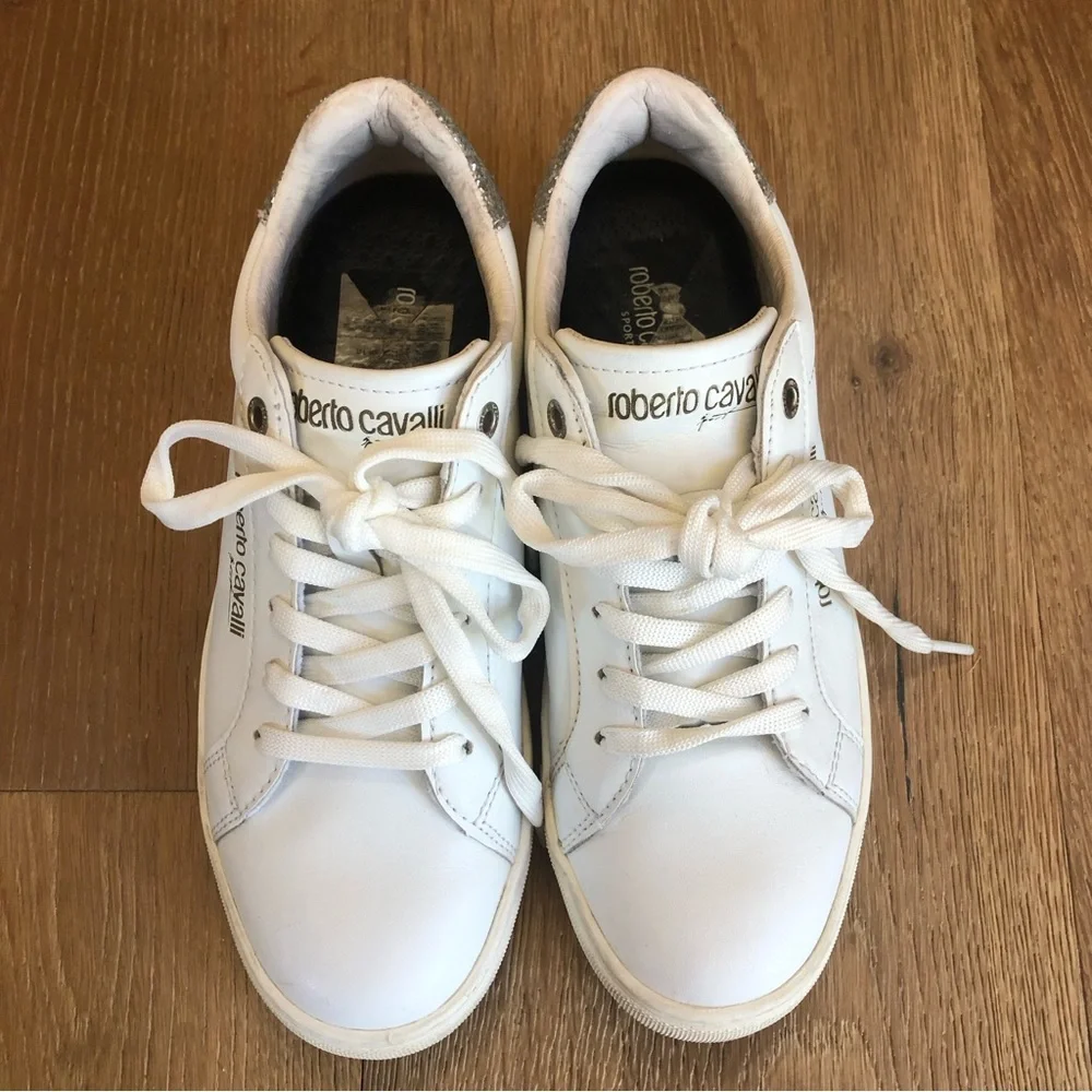 🔥Roberto Cavalli Sport WHITE glitter heel low top sneakers sz7.5 price firm